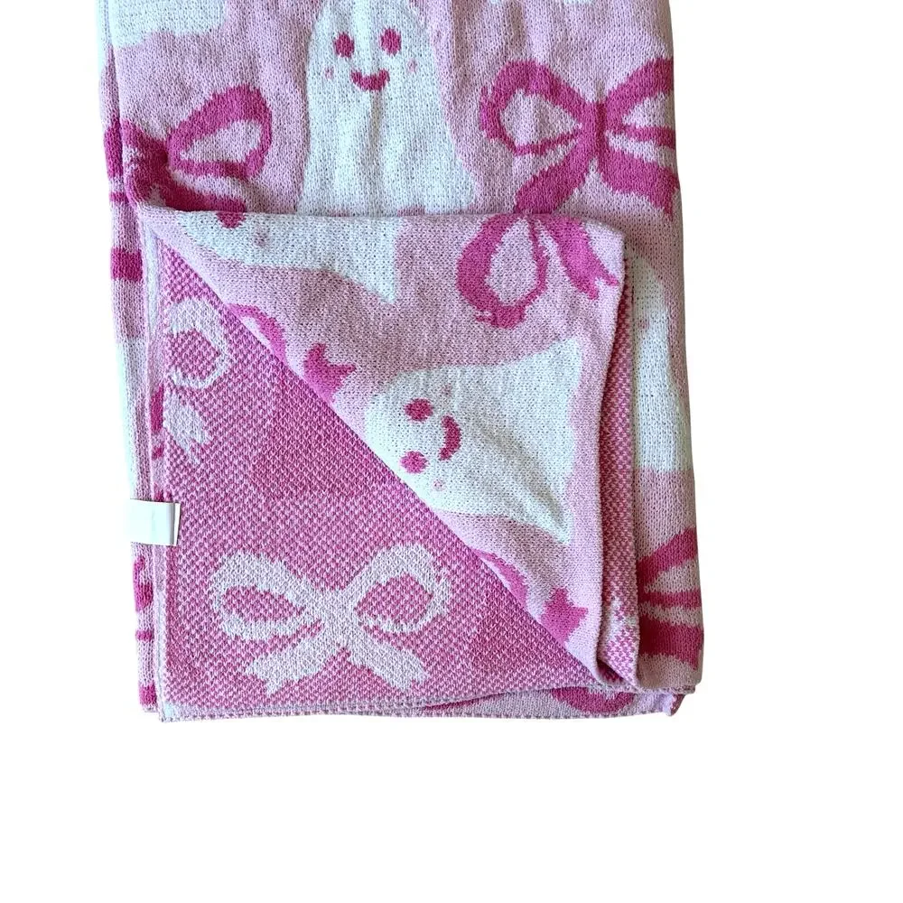 New ENVOGUE Ghost Bow Throw 50x70 Chic Plush Pink Halloween Cozy Girly Blanket